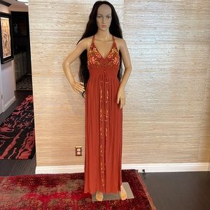FOREVER 21 Embroidered Rust Orange Rayon Racerback Slit Maxi Dress Boho Festival
